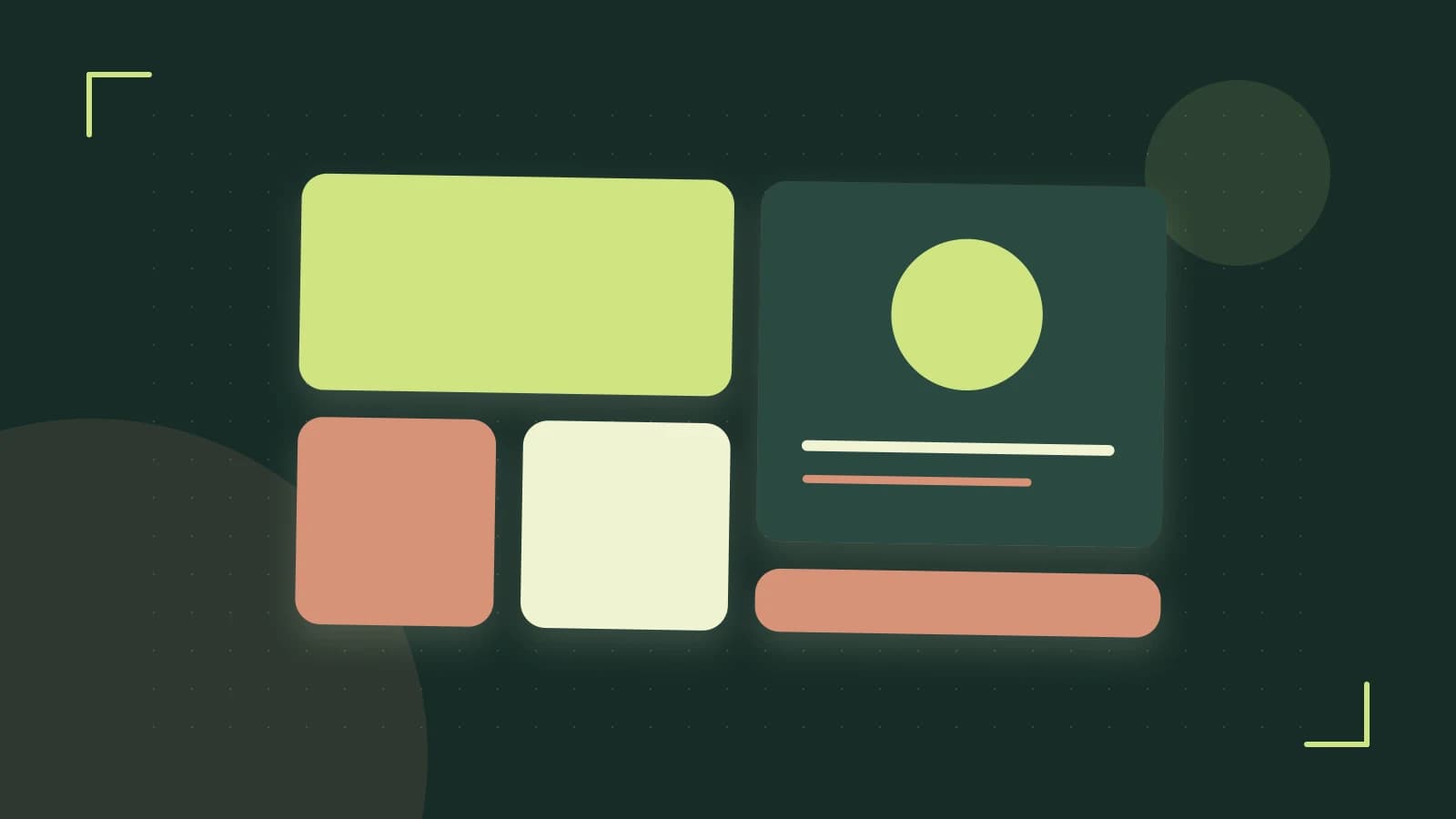 Editorial illustration of responsive browser layouts, overlapping design components and a color system