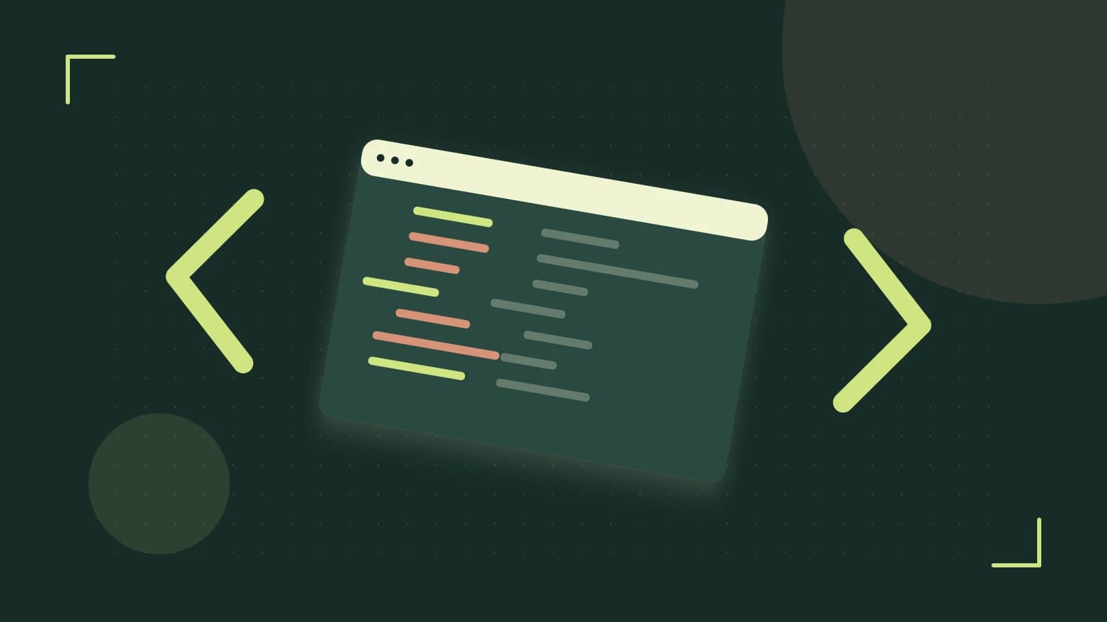 Editorial illustration of an abstract code editor, syntax blocks and oversized programming brackets