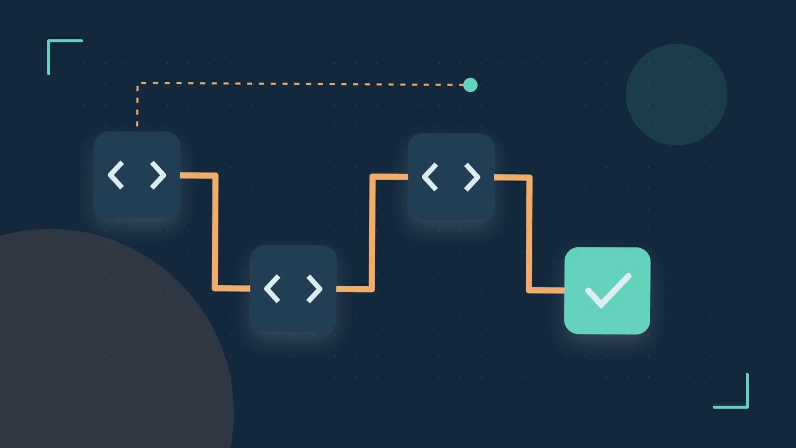 Editorial illustration of a branching build pipeline, staged transformations and a completed check