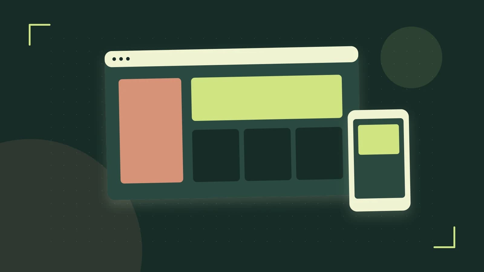 Editorial illustration of responsive browser layouts, overlapping design components and a color system