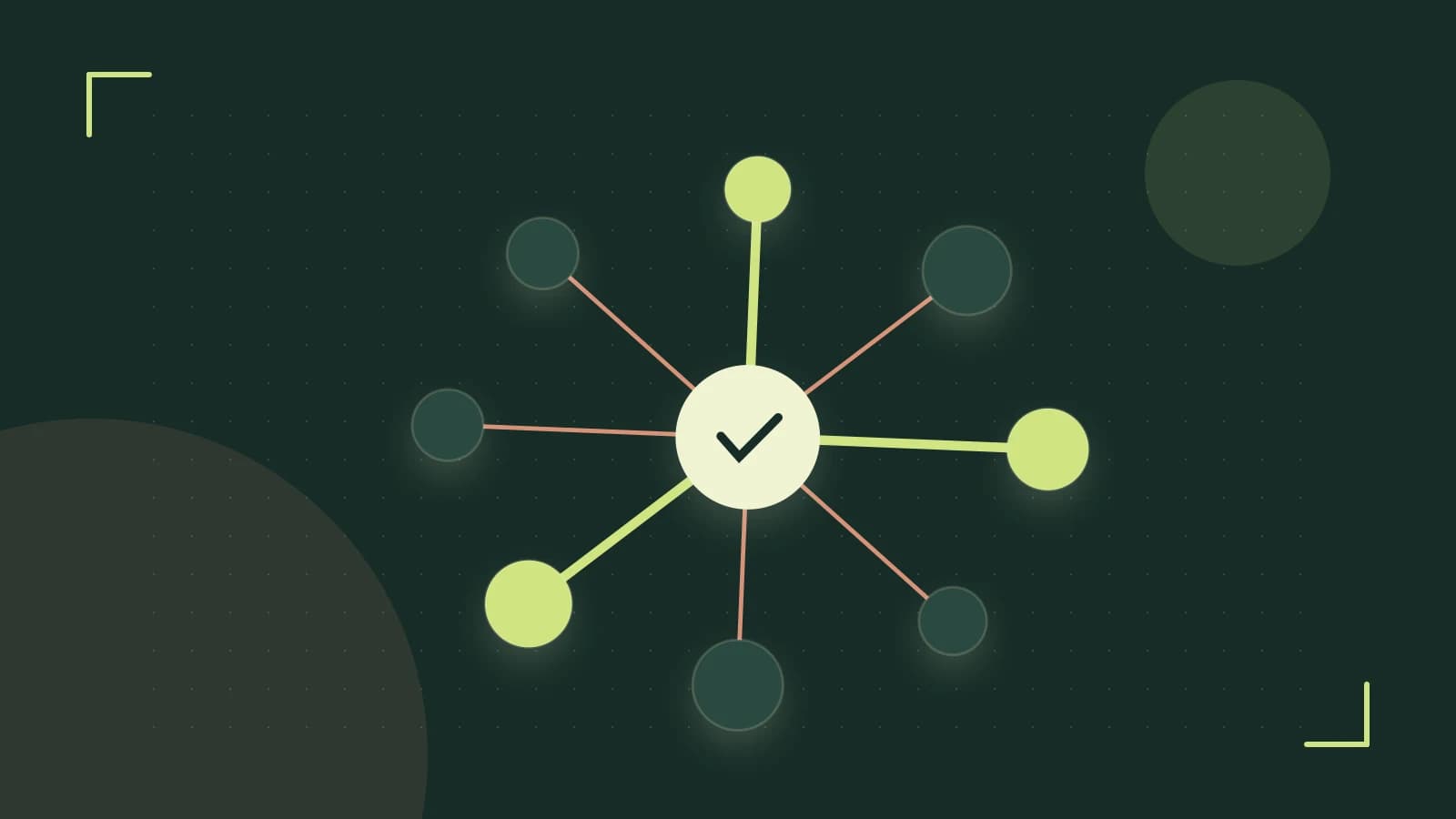 Editorial illustration of an algorithmic node graph with branching paths and a highlighted result
