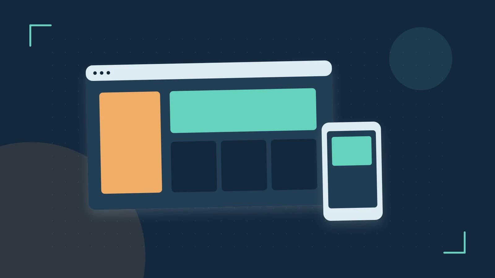 Editorial illustration of responsive browser layouts, overlapping design components and a color system