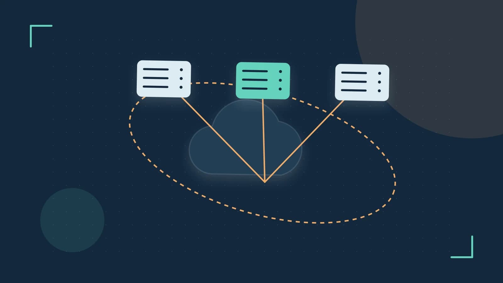 Editorial illustration of cloud infrastructure, connected server racks and an orbital service map