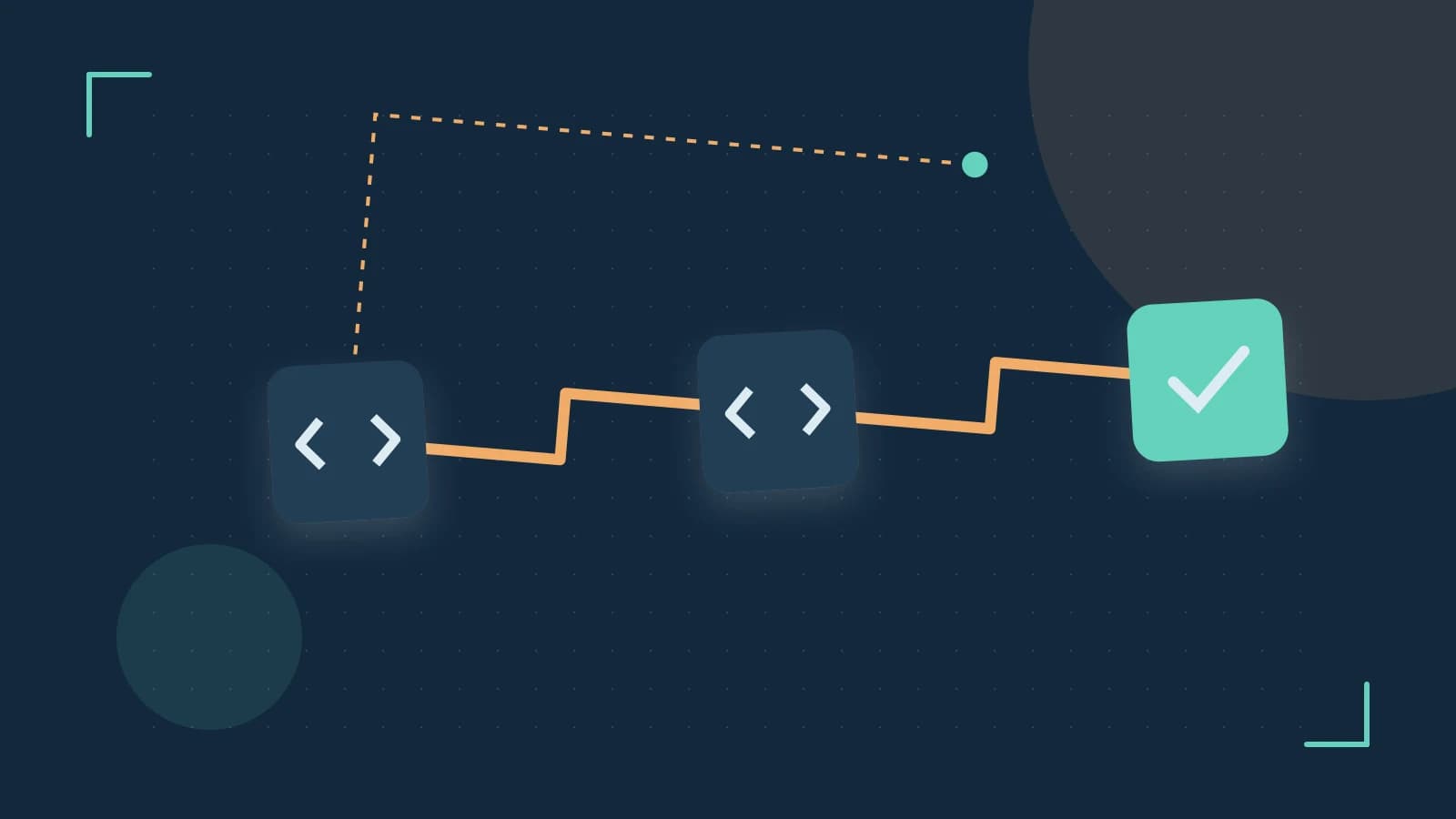Editorial illustration of a branching build pipeline, staged transformations and a completed check