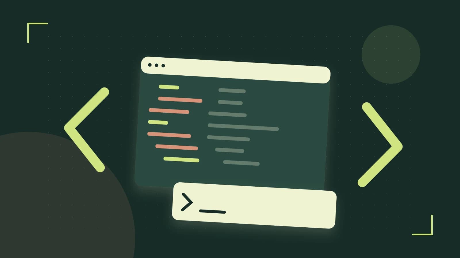Editorial illustration of an abstract code editor, syntax blocks and oversized programming brackets