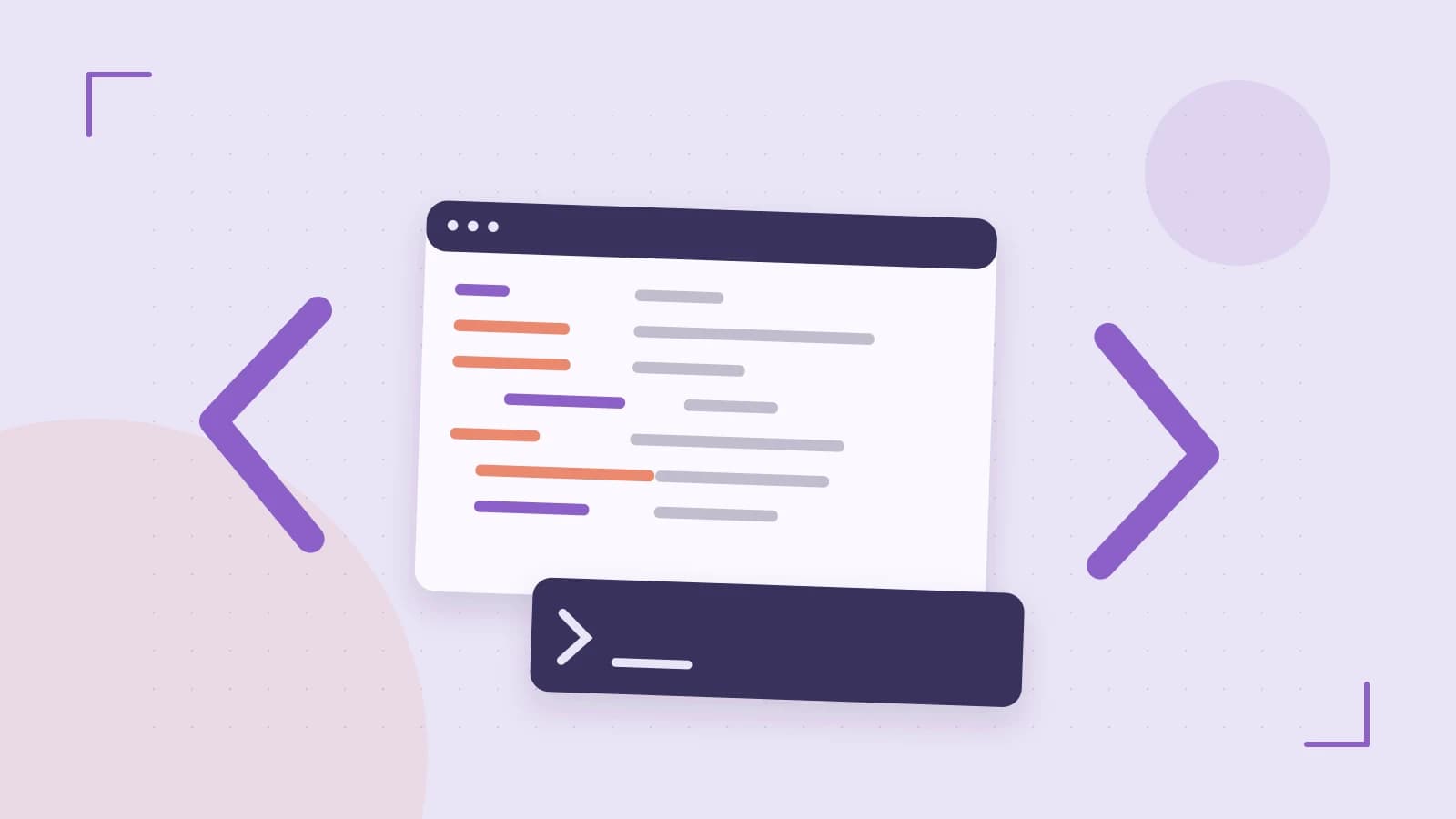 Editorial illustration of an abstract code editor, syntax blocks and oversized programming brackets