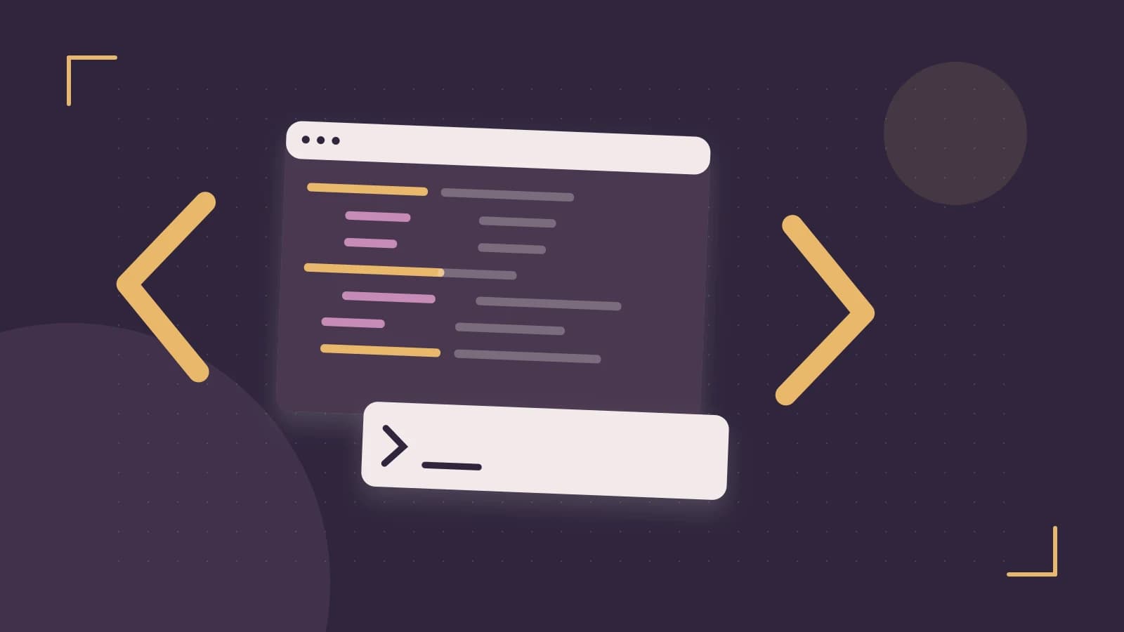 Editorial illustration of an abstract code editor, syntax blocks and oversized programming brackets