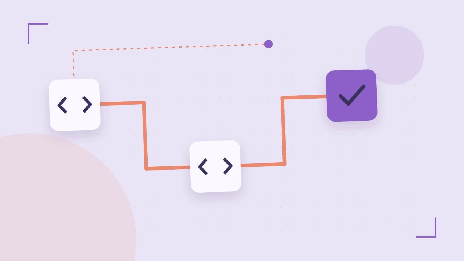 Editorial illustration of a branching build pipeline, staged transformations and a completed check
