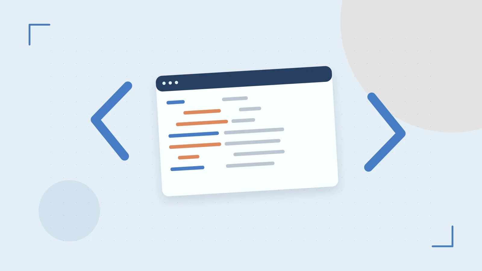 Editorial illustration of an abstract code editor, syntax blocks and oversized programming brackets