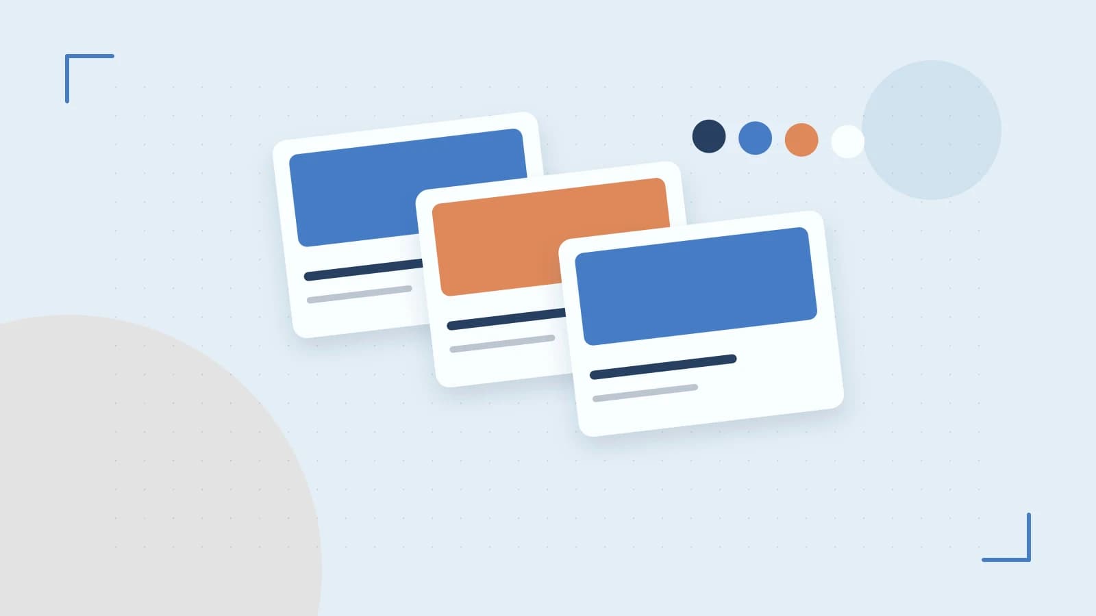 Editorial illustration of responsive browser layouts, overlapping design components and a color system