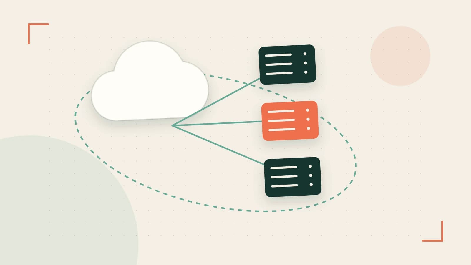 Editorial illustration of cloud infrastructure, connected server racks and an orbital service map
