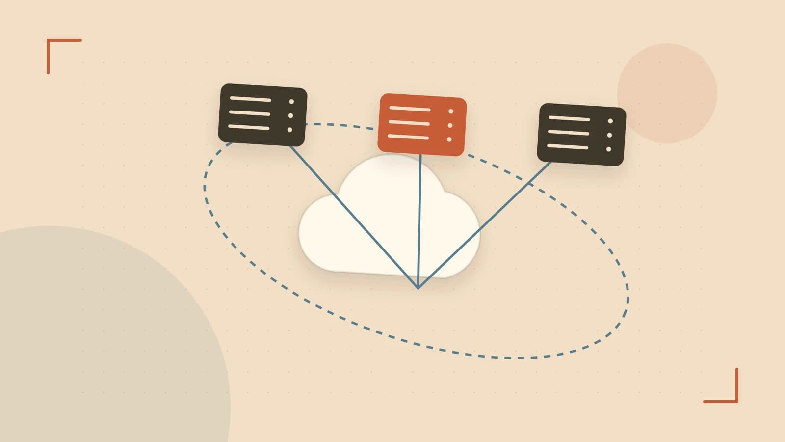 Editorial illustration of cloud infrastructure, connected server racks and an orbital service map
