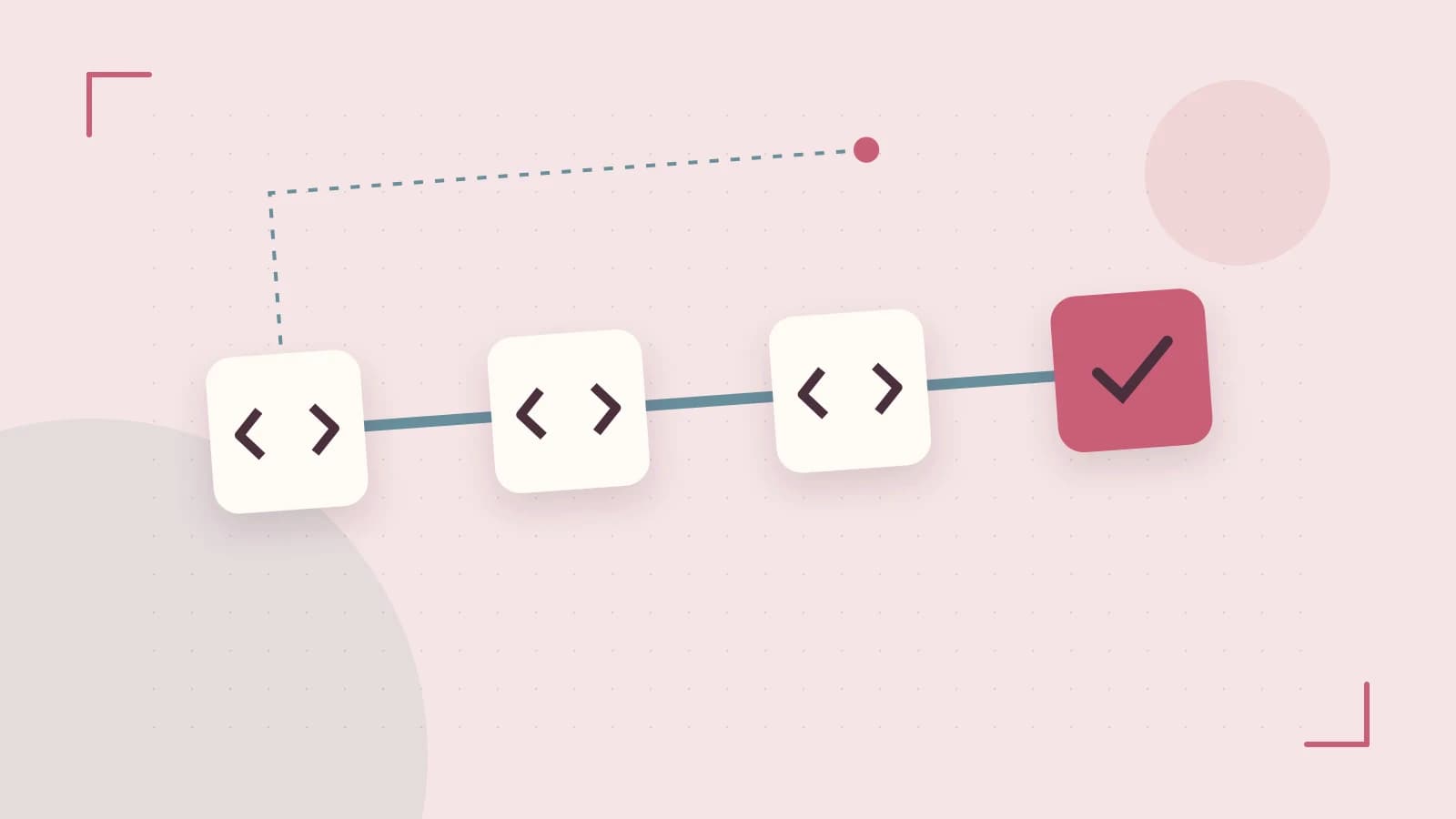 Editorial illustration of a branching build pipeline, staged transformations and a completed check