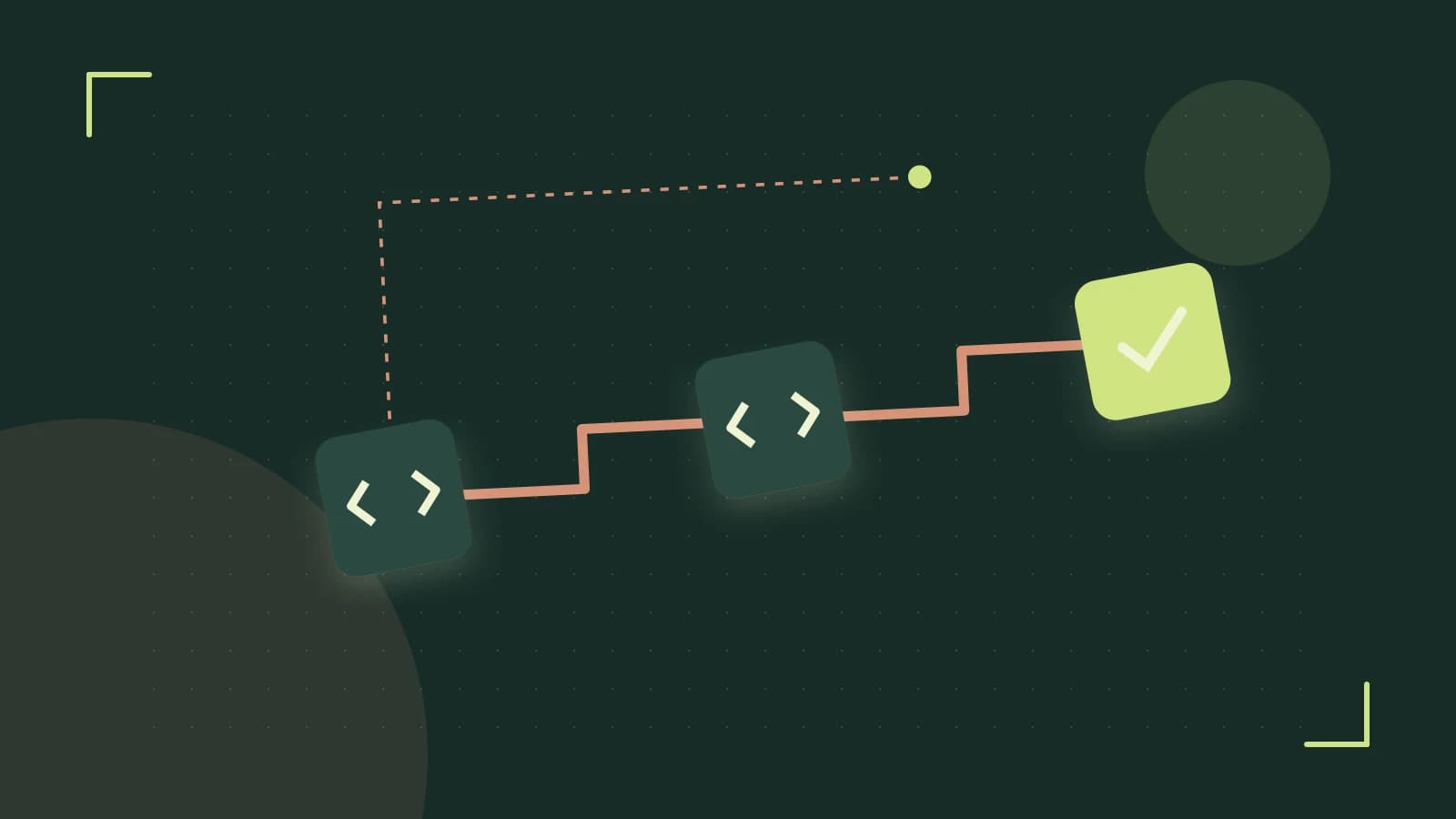 Editorial illustration of a branching build pipeline, staged transformations and a completed check