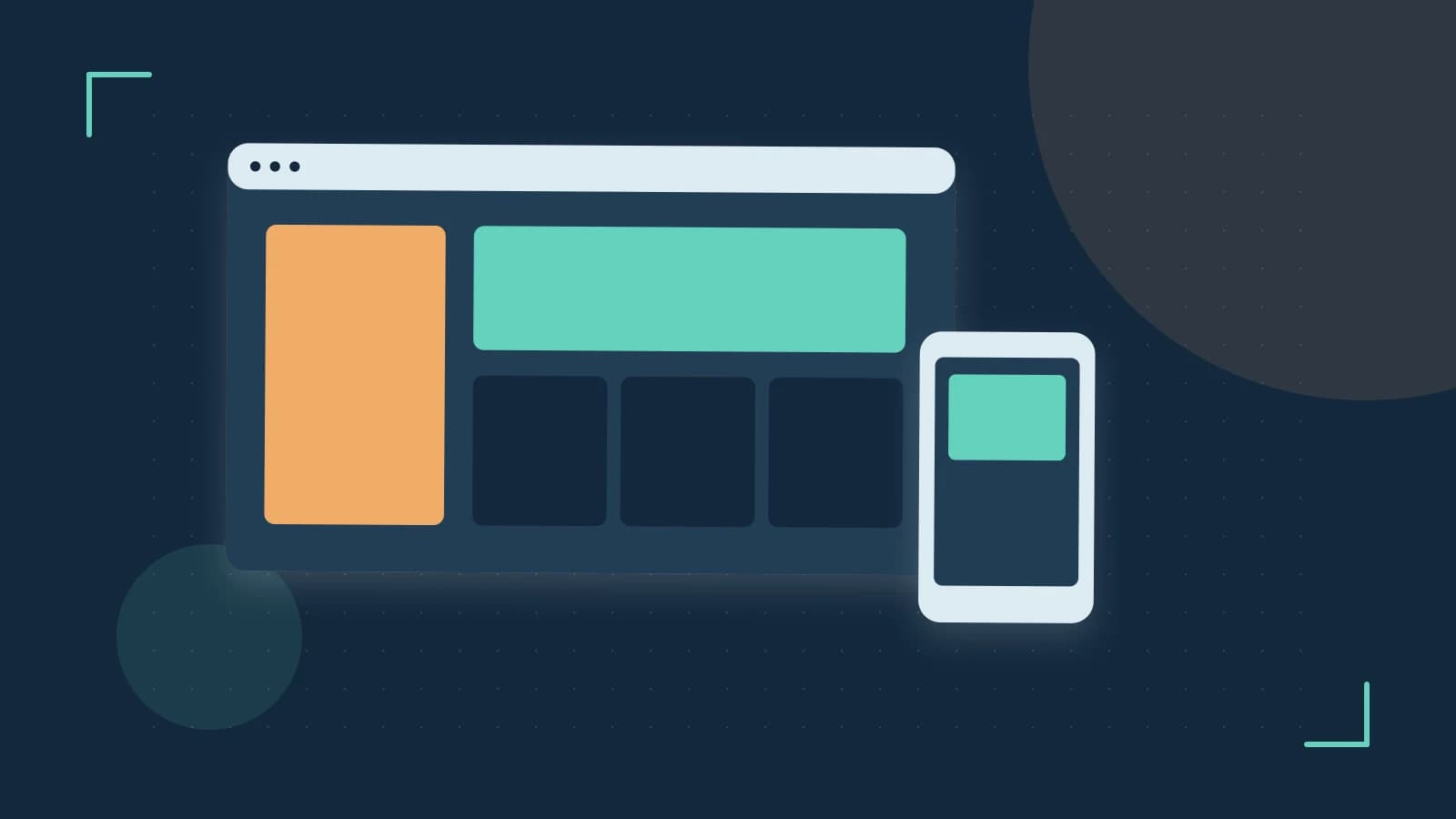 Editorial illustration of responsive browser layouts, overlapping design components and a color system