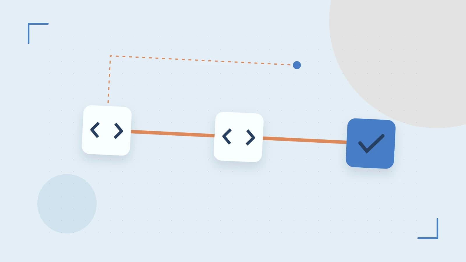 Editorial illustration of a branching build pipeline, staged transformations and a completed check