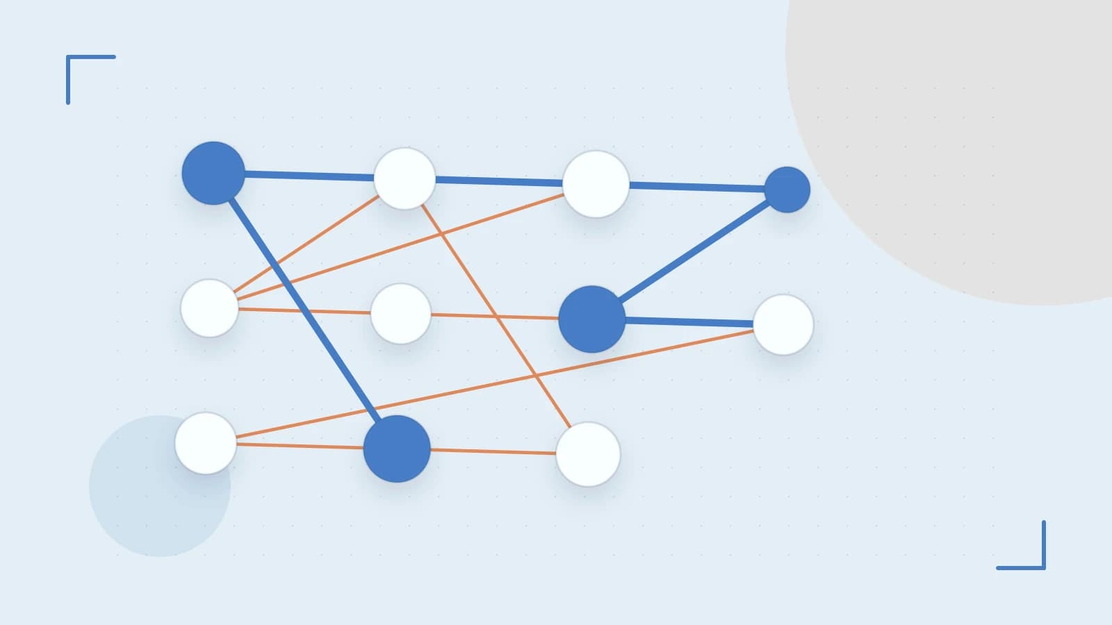 Editorial illustration of an algorithmic node graph with branching paths and a highlighted result