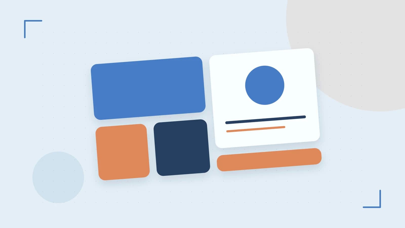 Editorial illustration of responsive browser layouts, overlapping design components and a color system