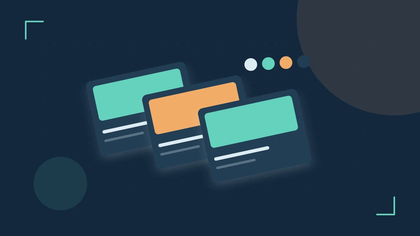 Editorial illustration of responsive browser layouts, overlapping design components and a color system