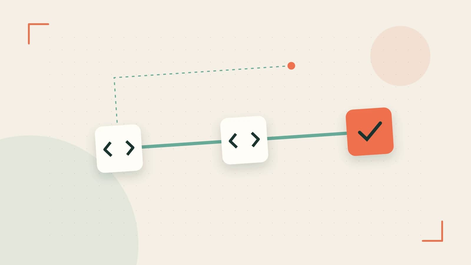 Editorial illustration of a branching build pipeline, staged transformations and a completed check