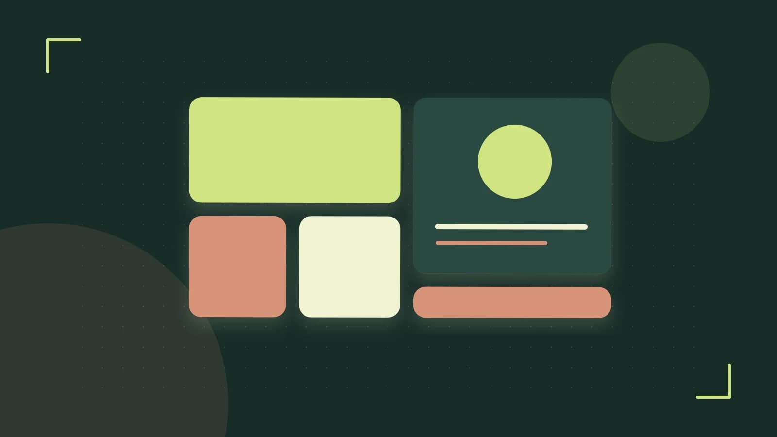 Editorial illustration of responsive browser layouts, overlapping design components and a color system