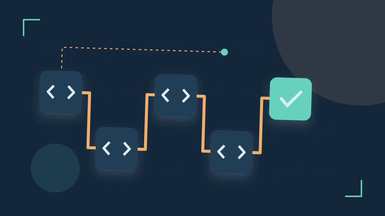 Editorial illustration of a branching build pipeline, staged transformations and a completed check