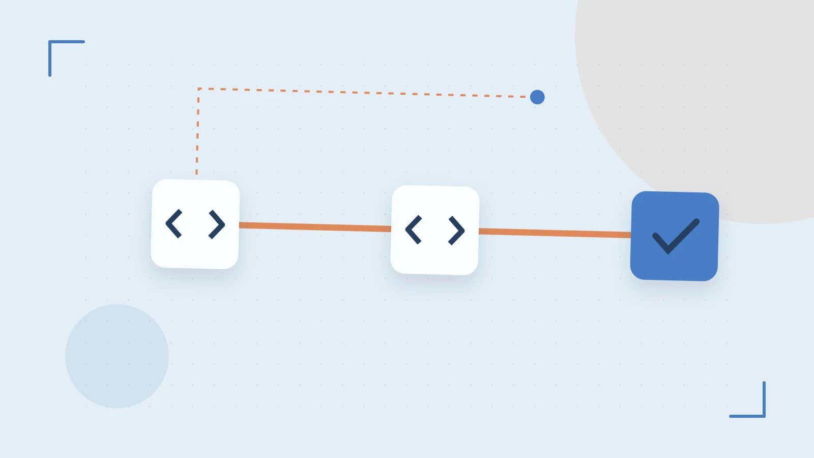 Editorial illustration of a branching build pipeline, staged transformations and a completed check