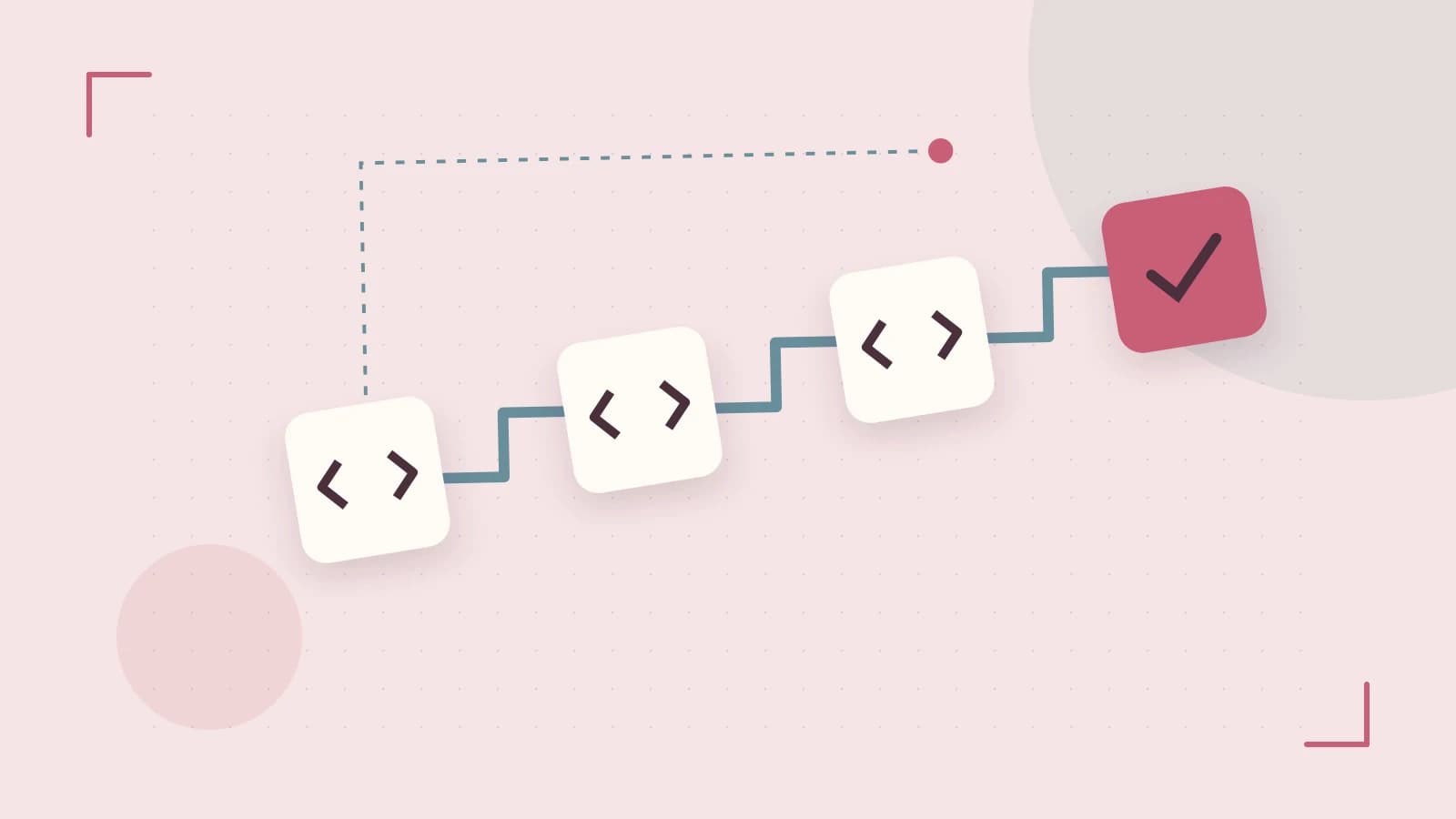 Editorial illustration of a branching build pipeline, staged transformations and a completed check