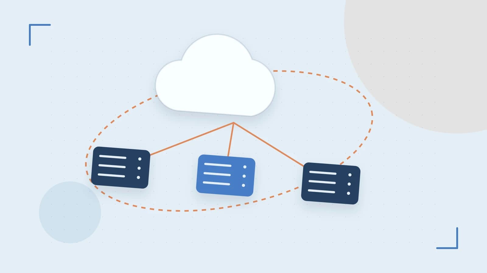 Editorial illustration of cloud infrastructure, connected server racks and an orbital service map