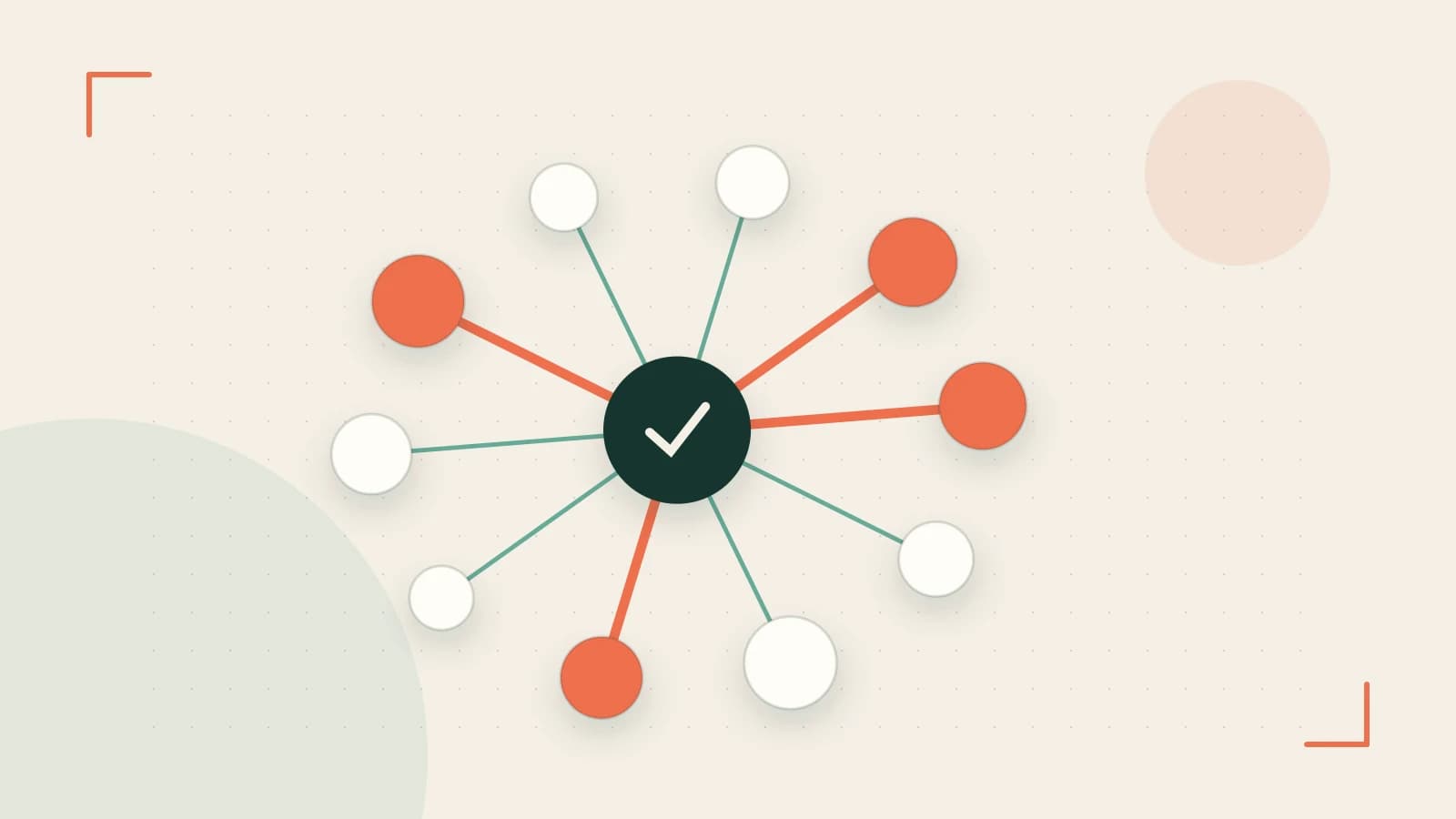 Editorial illustration of an algorithmic node graph with branching paths and a highlighted result