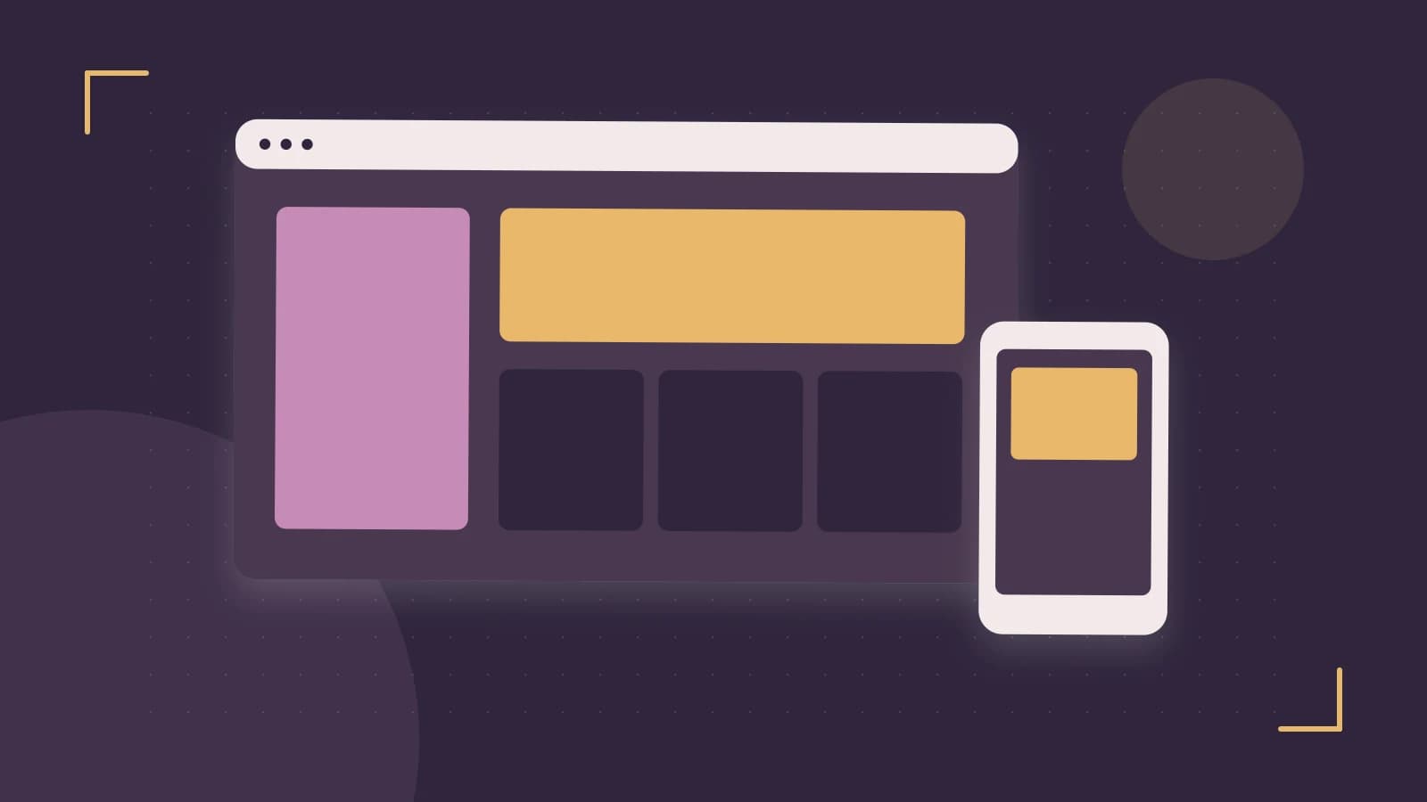 Editorial illustration of responsive browser layouts, overlapping design components and a color system