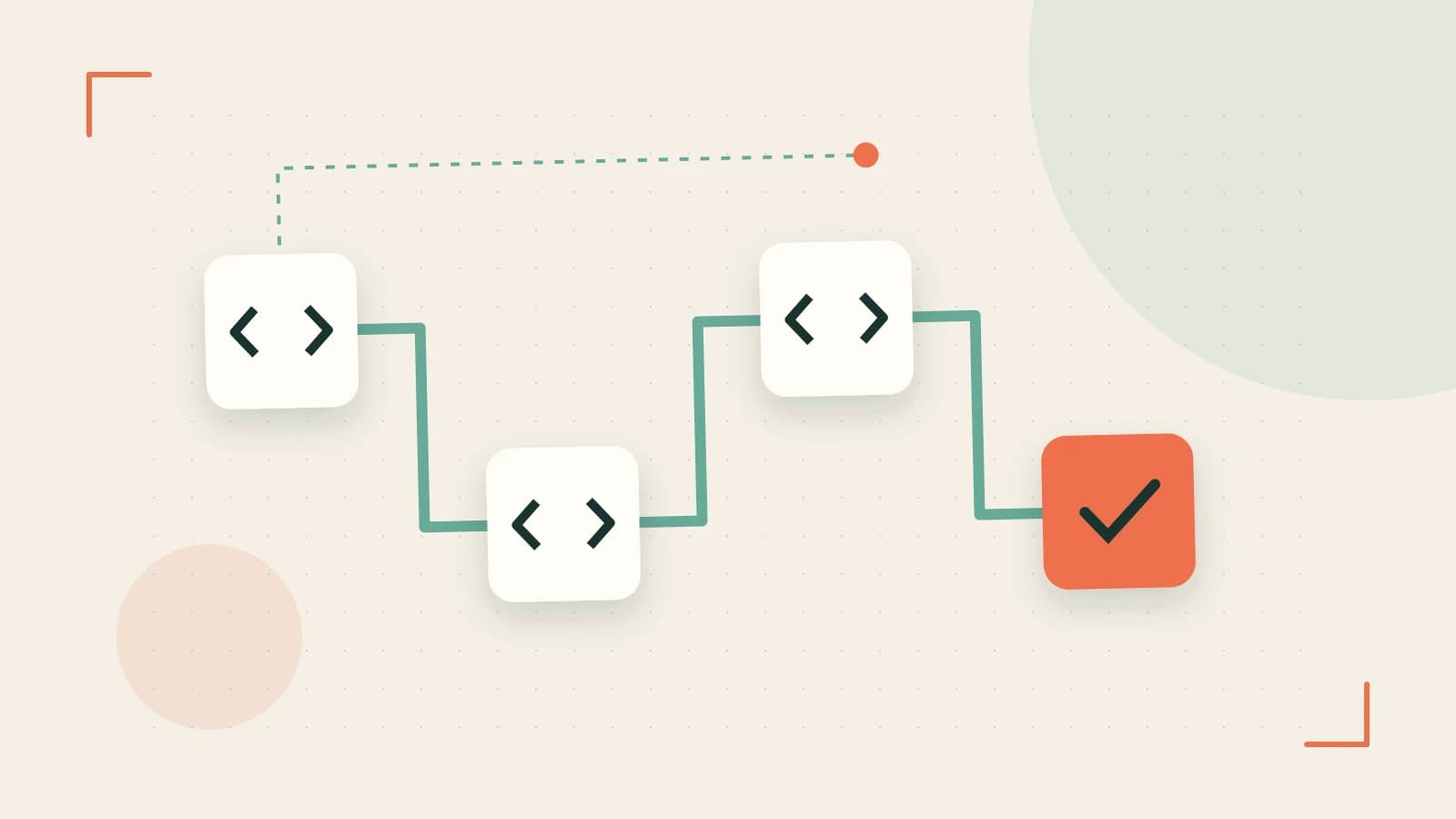 Editorial illustration of a branching build pipeline, staged transformations and a completed check