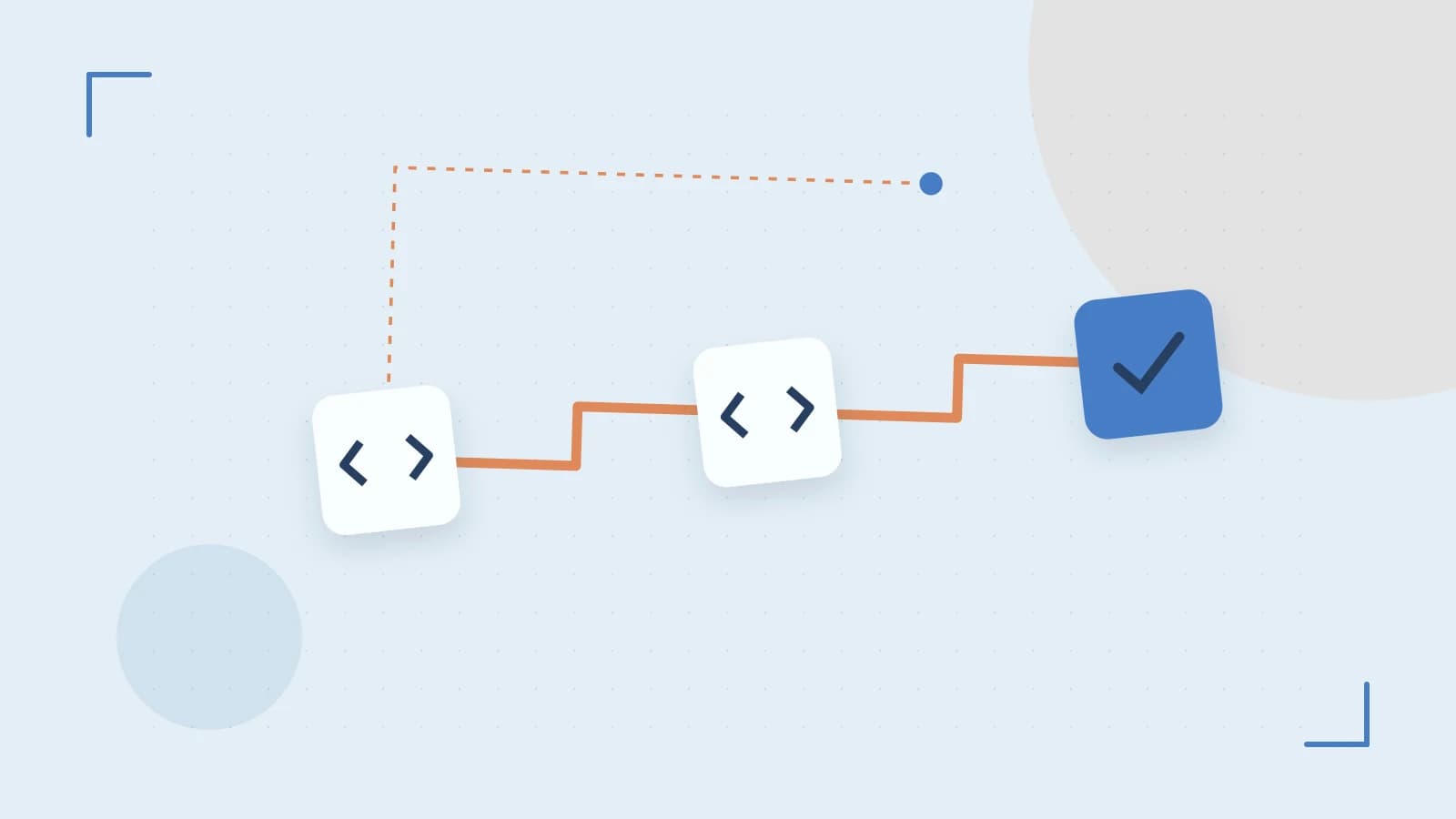 Editorial illustration of a branching build pipeline, staged transformations and a completed check