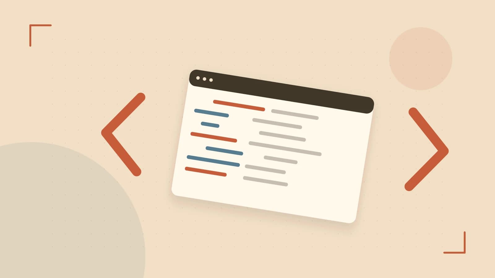 Editorial illustration of an abstract code editor, syntax blocks and oversized programming brackets