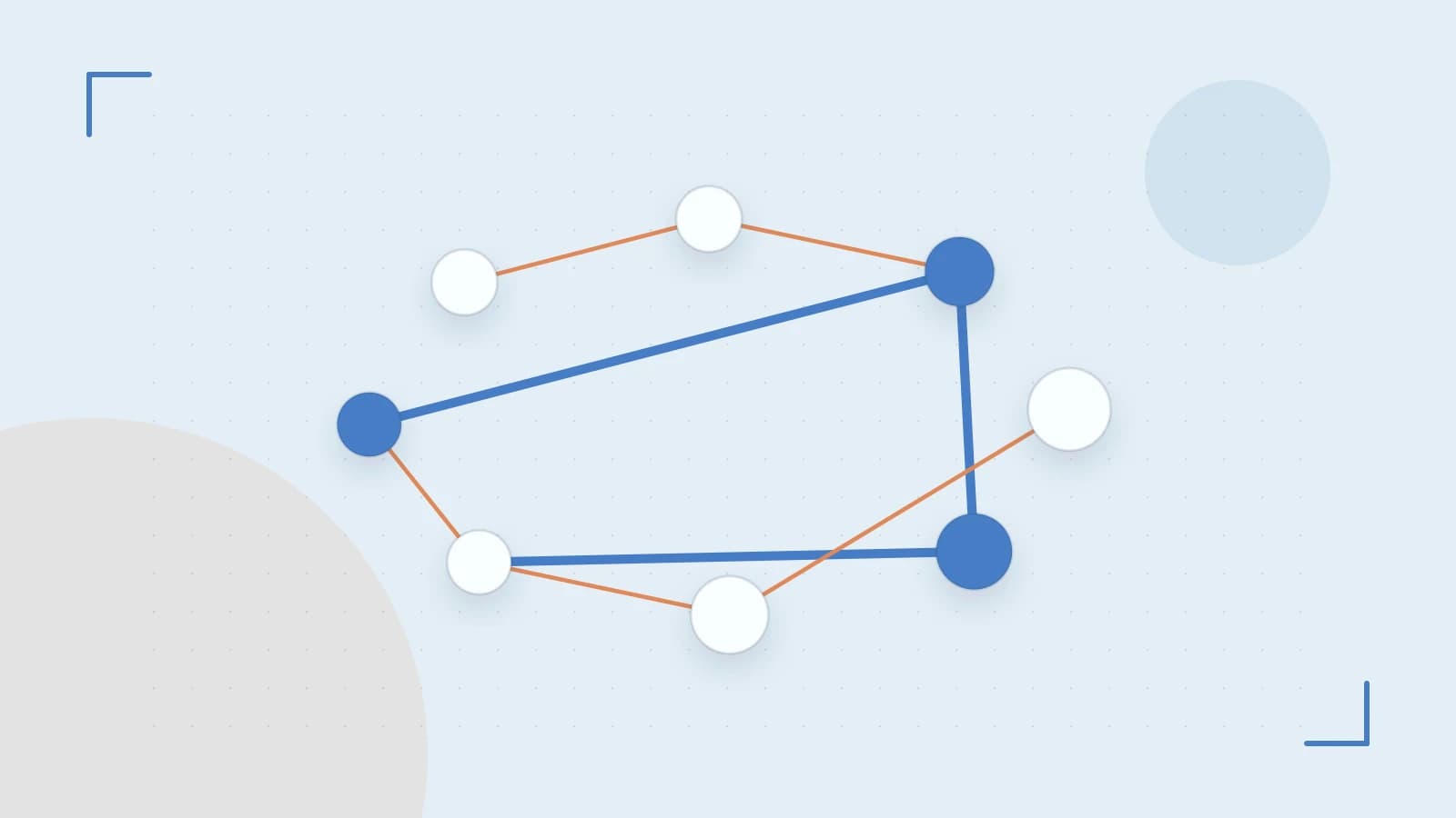 Editorial illustration of an algorithmic node graph with branching paths and a highlighted result