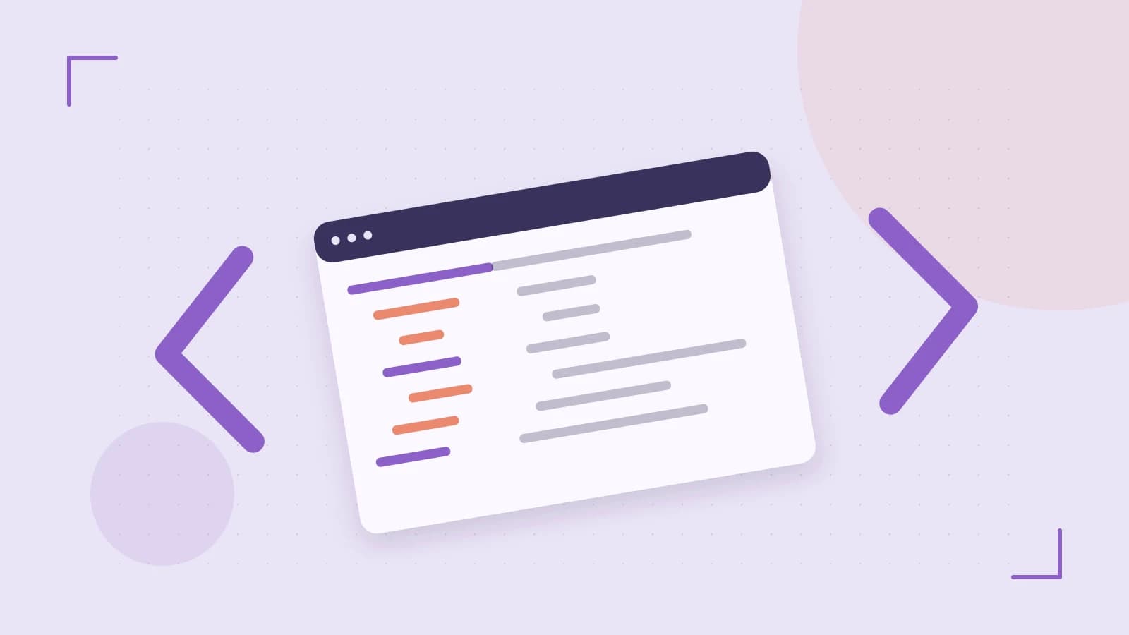 Editorial illustration of an abstract code editor, syntax blocks and oversized programming brackets