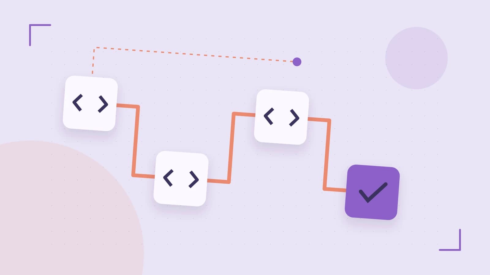Editorial illustration of a branching build pipeline, staged transformations and a completed check