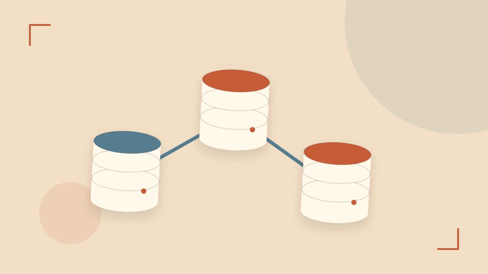 Editorial illustration of structured records, database cylinders and relationships between tables