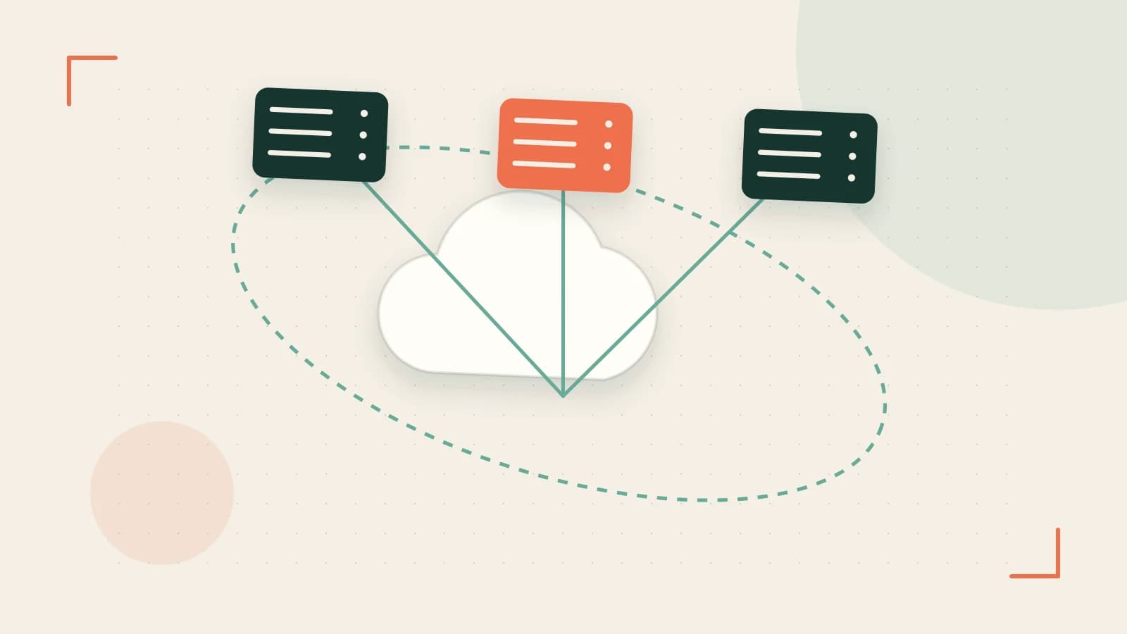 Editorial illustration of cloud infrastructure, connected server racks and an orbital service map