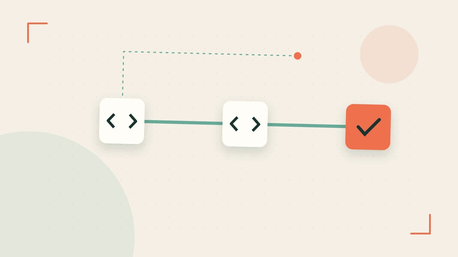 Editorial illustration of a branching build pipeline, staged transformations and a completed check