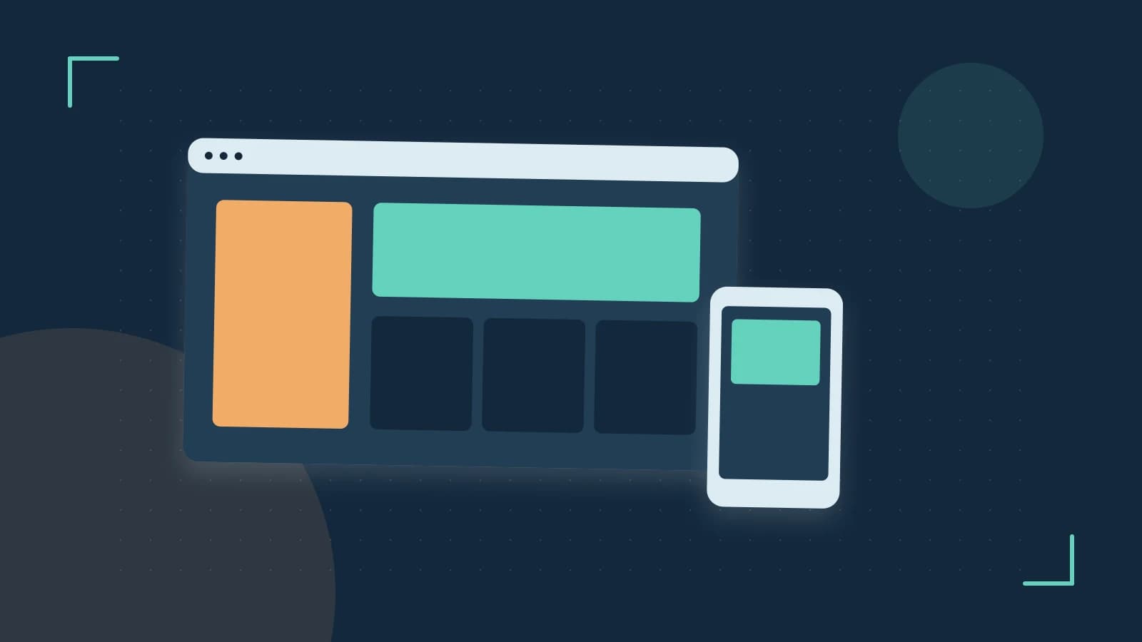 Editorial illustration of responsive browser layouts, overlapping design components and a color system