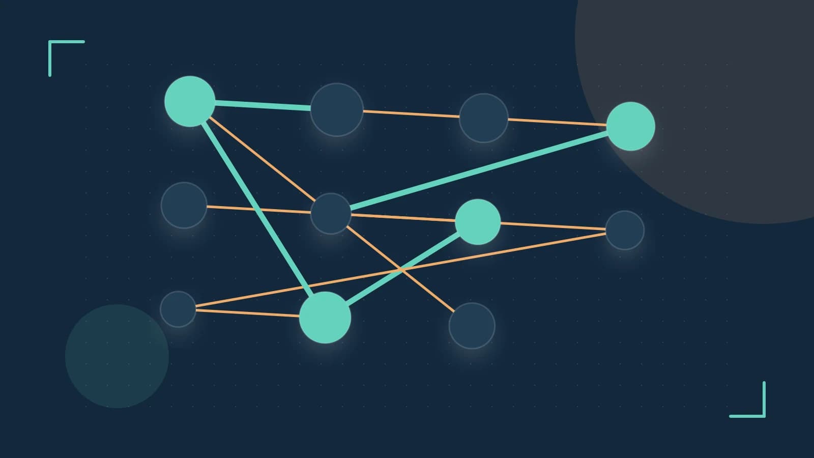 Editorial illustration of an algorithmic node graph with branching paths and a highlighted result