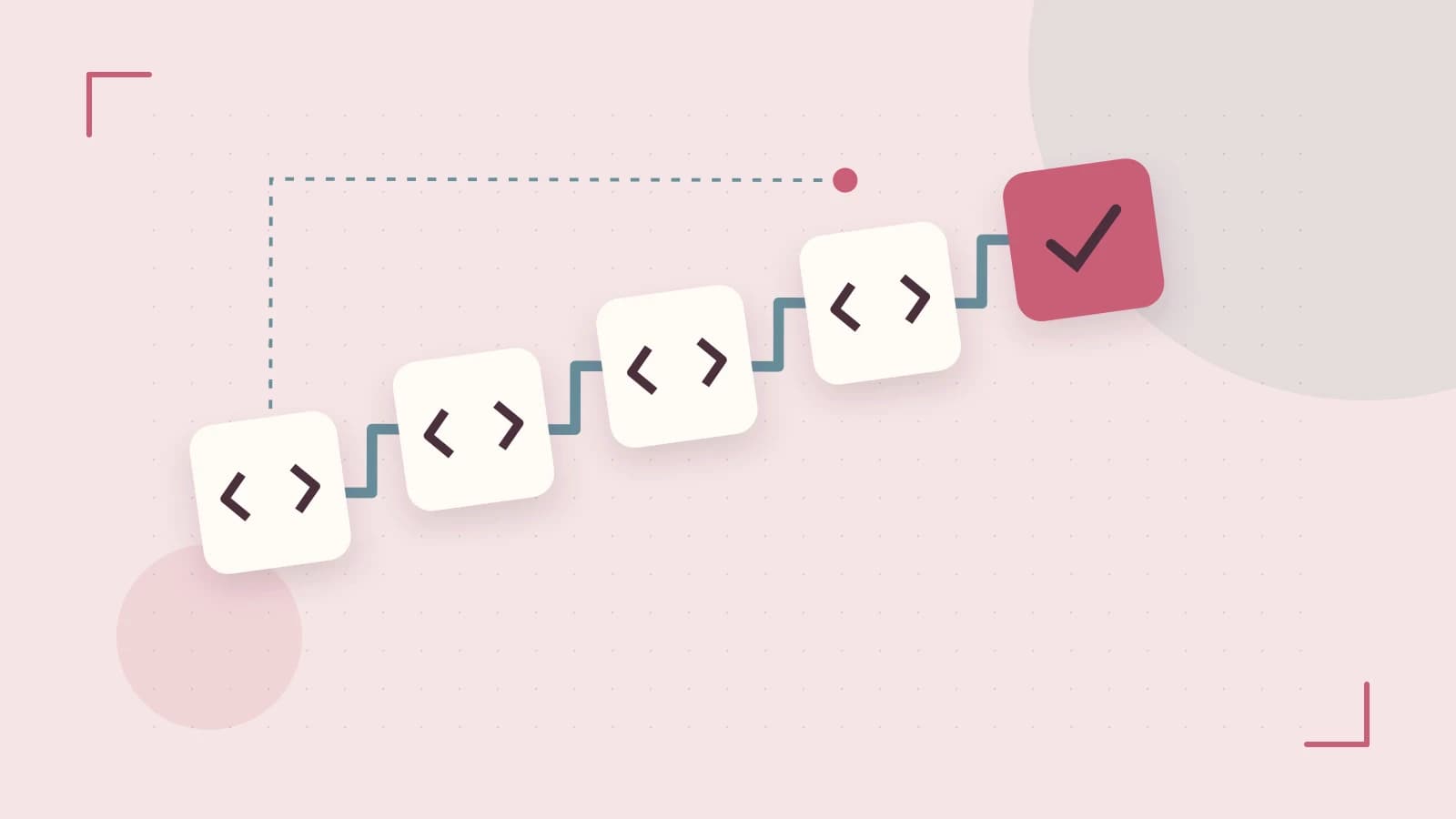 Editorial illustration of a branching build pipeline, staged transformations and a completed check