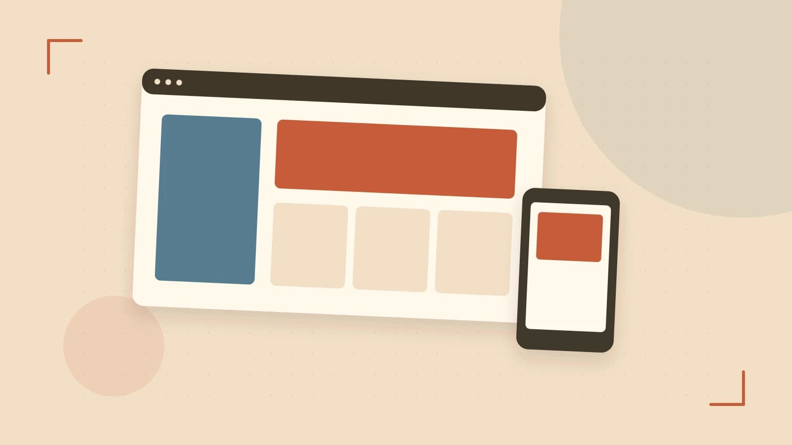 Editorial illustration of responsive browser layouts, overlapping design components and a color system