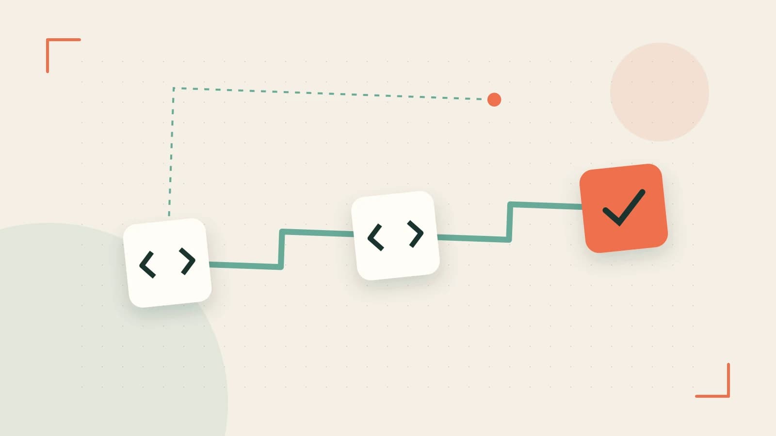 Editorial illustration of a branching build pipeline, staged transformations and a completed check