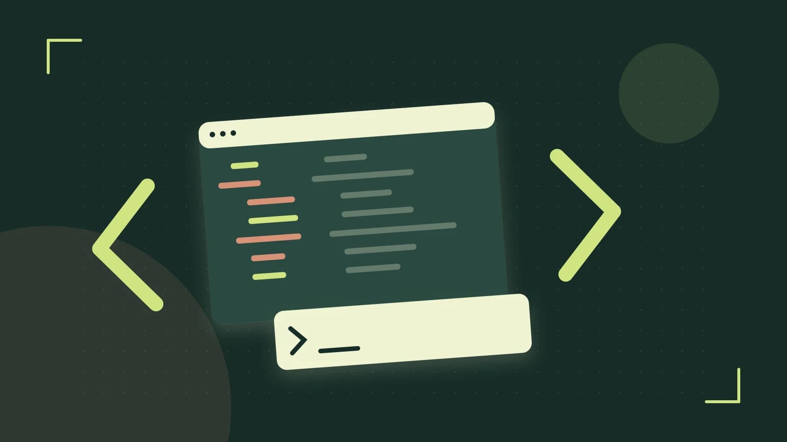 Editorial illustration of an abstract code editor, syntax blocks and oversized programming brackets