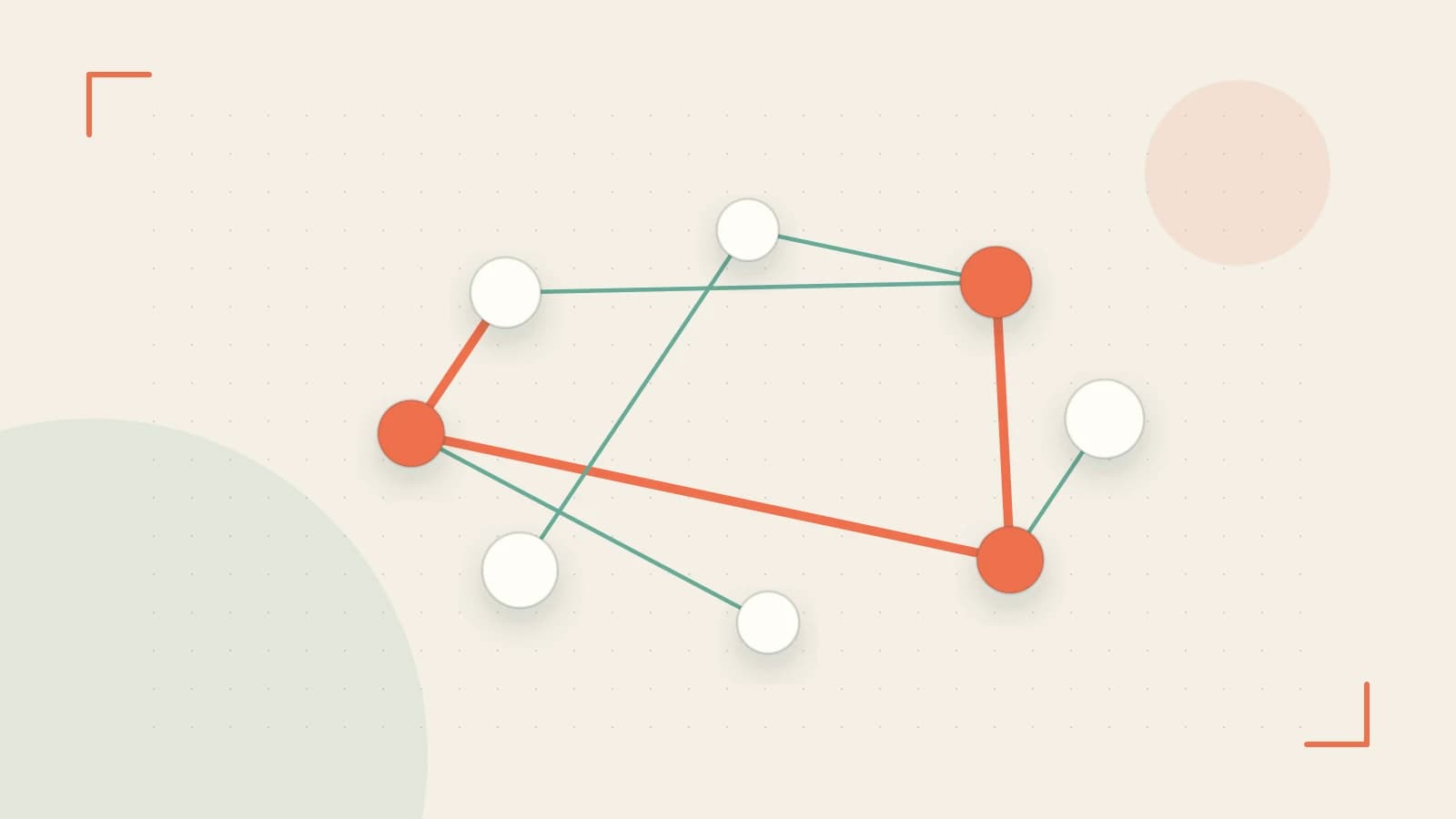 Editorial illustration of an algorithmic node graph with branching paths and a highlighted result