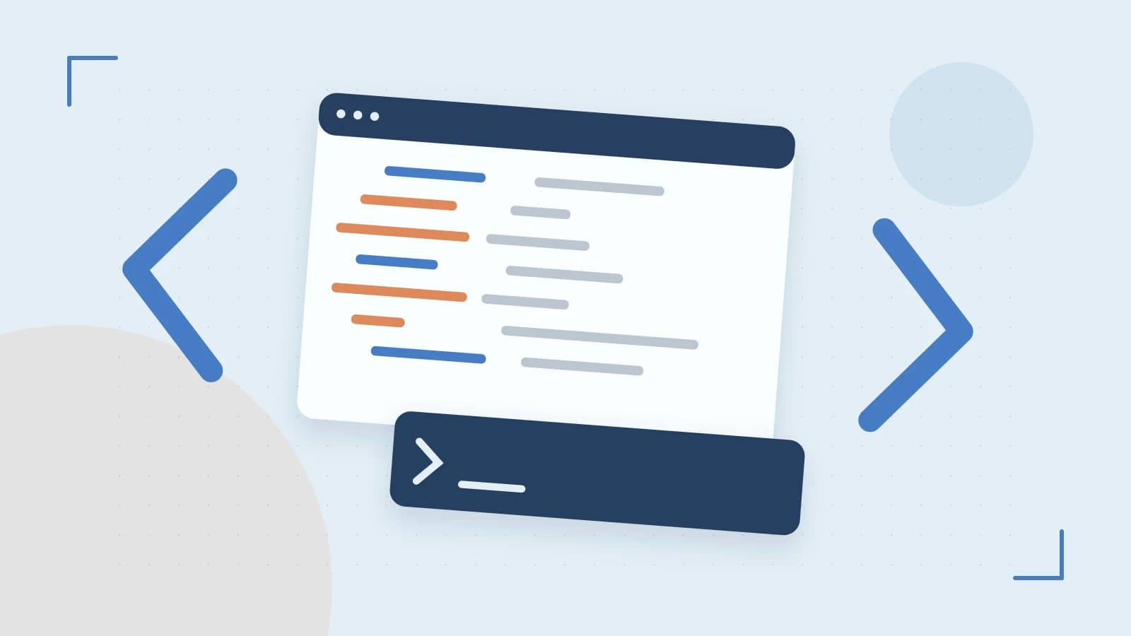 Editorial illustration of an abstract code editor, syntax blocks and oversized programming brackets