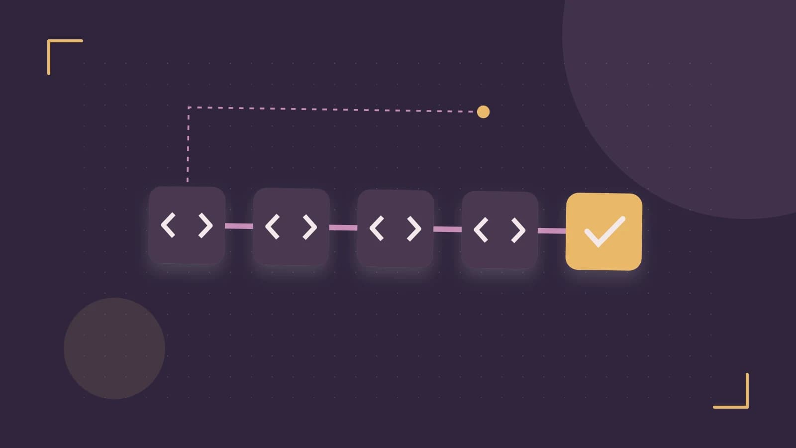 Editorial illustration of a branching build pipeline, staged transformations and a completed check
