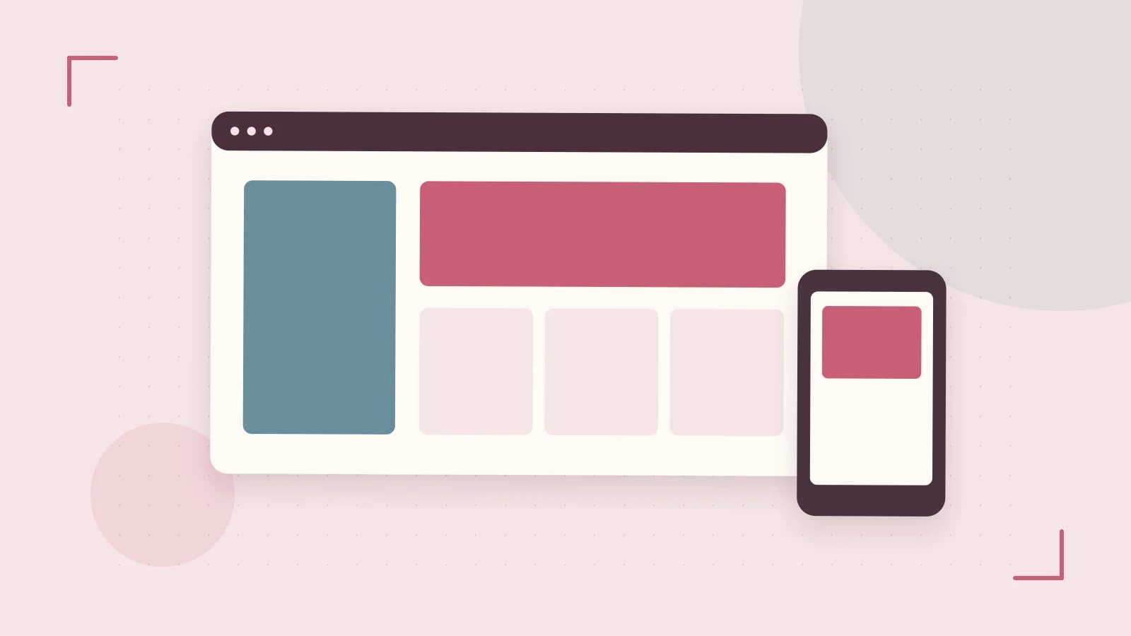 Editorial illustration of responsive browser layouts, overlapping design components and a color system